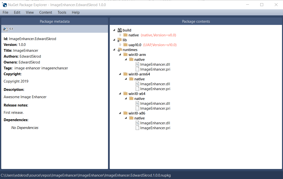 NuGet Package Explorer a exibir o pacote ImageEnhancer