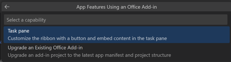 As opções no menu suspenso Recursos do Aplicativo Usando um Suplemento do Office. A opção 'Painel de tarefas' é selecionada.