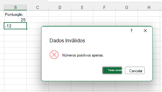 Uma mensagem de erro com o título 'Dados inválidos' e a mensagem 'Números positivos apenas', ao lado de uma célula com um número negativo.