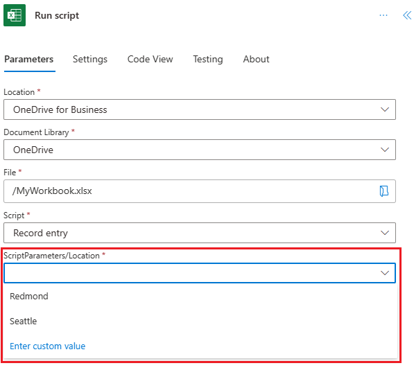 A ação Executar script a mostrar um campo de parâmetros adicional chamado 