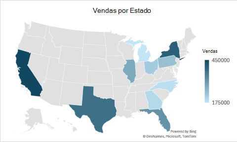 Um gráfico de mapa de região que mostra as vendas por estado com regiões geográficas codificadas por cores.