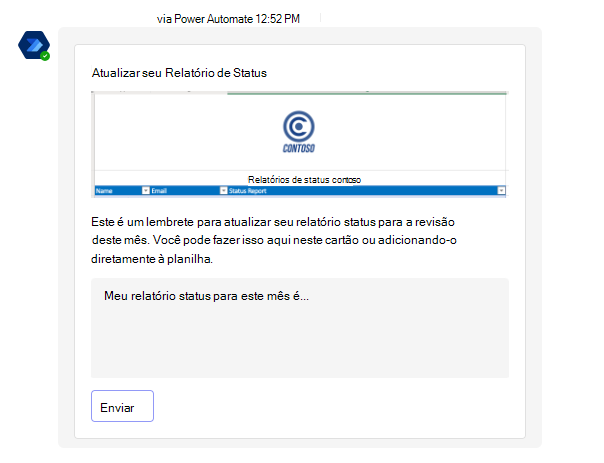 Um Cartão Adaptável no Teams solicitando ao funcionário uma atualização de status.