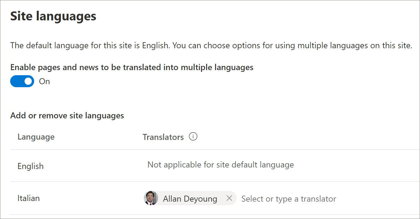 Tela de idiomas do site de exemplo.