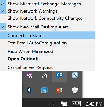 Captura de ecrã a mostrar a opção Estado da Ligação no menu de contexto do ícone do Outlook na barra de tarefas.
