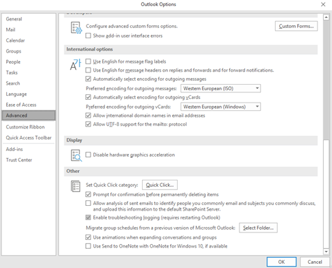 Captura de ecrã do separador Avançadas das Opções do Outlook.