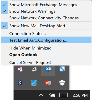 Captura de ecrã a mostrar a opção Testar Email Configuração Automática no menu de contexto do ícone do Outlook na barra de tarefas.