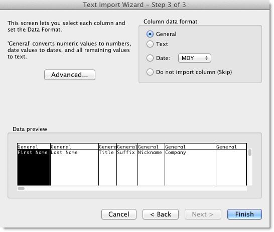 Captura de ecrã do Assistente de Importação de Texto, a mostrar que Geral está selecionado como formato de dados de coluna.