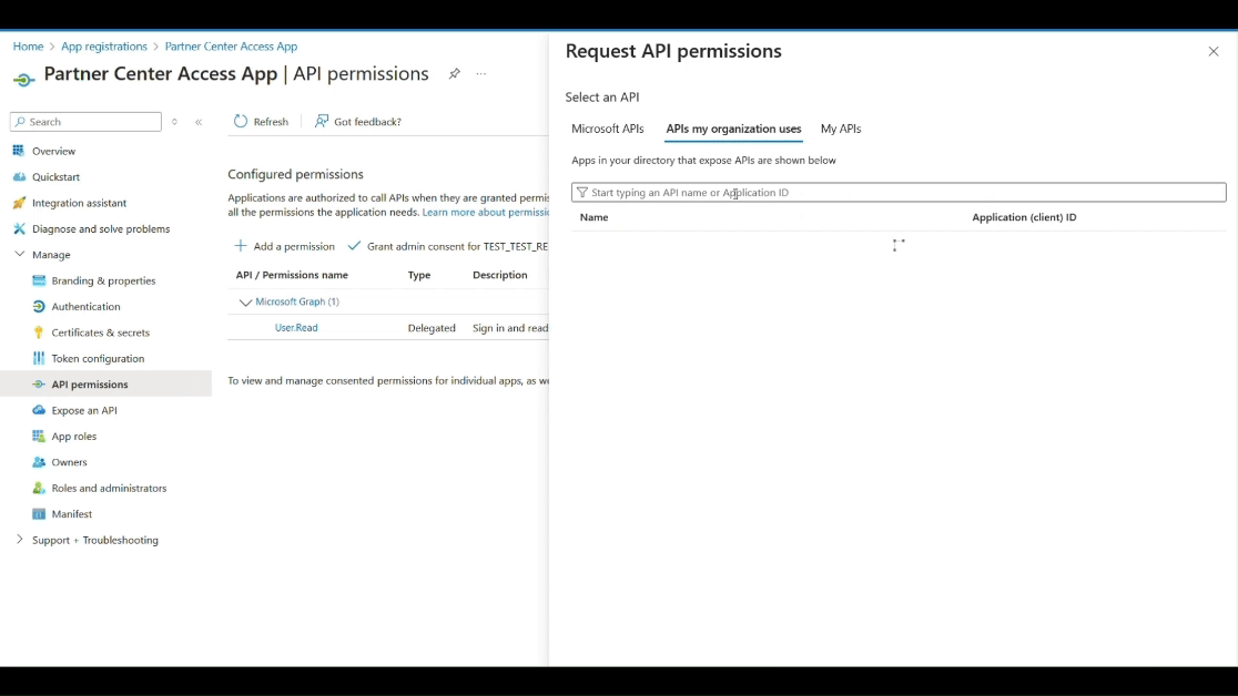 Um diagrama mostrando como adicionar a permissão da API de Parceiro da Microsoft ao aplicativo cliente.