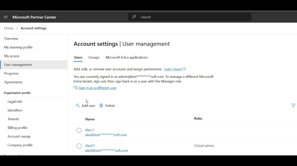 Um diagrama mostrando as etapas para criar uma nova conta de usuário do Partner Center.