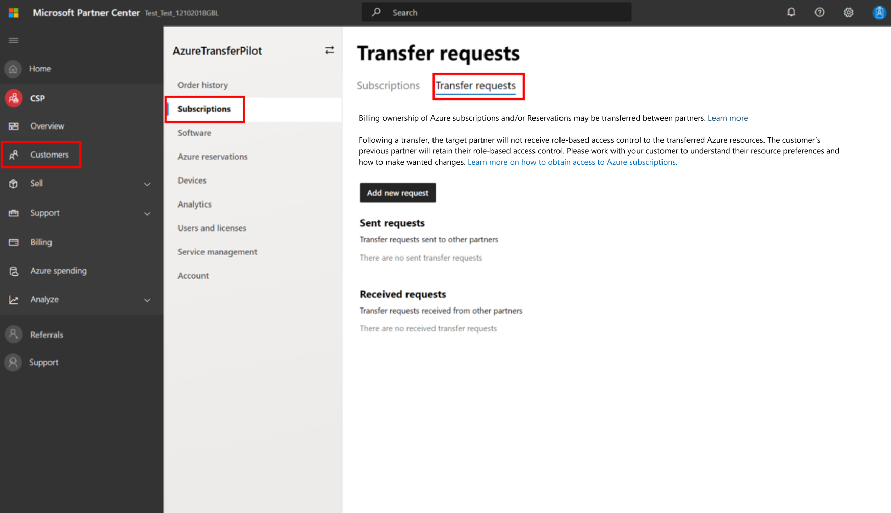 Captura de ecrã a mostrar o separador Pedidos de transferência.