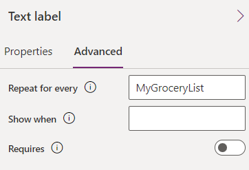 Captura de ecrã do painel de propriedades avançadas de uma etiqueta de texto, com MyGroceryList na propriedade Repetir para cada.