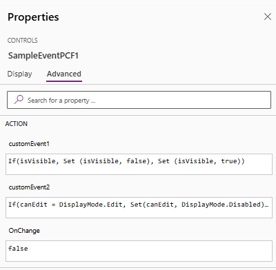 Shows the custom events in the canvas apps designer