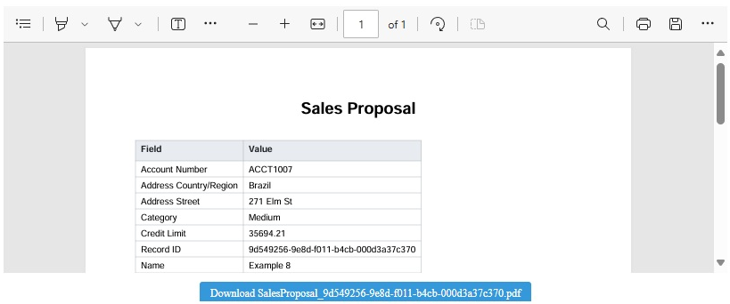 O exemplo de componente PCF do interpretador de código mostra o documento de proposta de vendas em PDF gerado