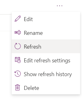 Captura de tela do menu de contexto de fluxos de dados com a opção de atualização para executar manualmente um fluxo de dados.