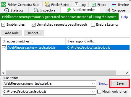 Screenshot of the Fiddler Rule Editor with the path to a local JavaScript file.