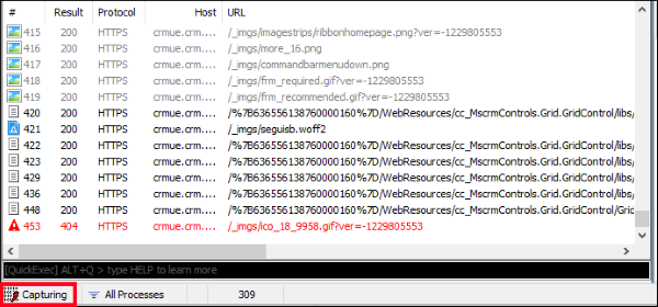 Screenshot of the Fiddler Capturing button used to start HTTPS traffic capture.