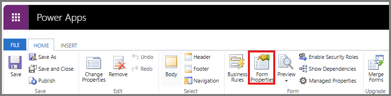 Captura de tela do botão Propriedades do Formulário na guia Página Inicial do editor de formulários clássico.