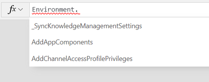 Captura de ecrã a mostrar a utilização do objeto Power Fx Environment numa fórmula.