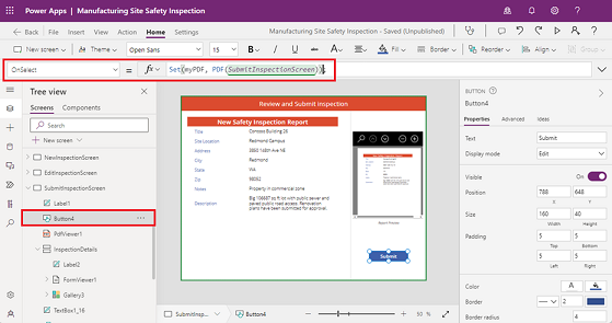 Captura de ecrã da definição da propriedade OnSelect de um botão numa aplicação de tela.