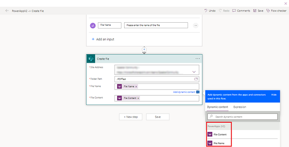 Captura de tela mostrando a seleção de um arquivo para salvar usando o conector Criar arquivo do SharePoint.