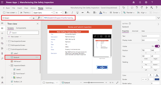Captura de ecrã a mostrar a adição da função PDF à propriedade OnSelect de um botão.