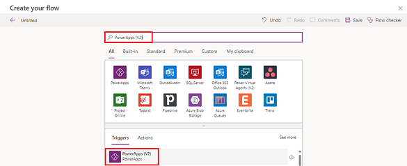 Captura de tela mostrando a seleção do gatilho PowerApps (V2).