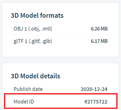 Uma captura de ecrã dos tipos de ficheiros e do ID do Modelo de um objeto 3D em CGTrader.com.