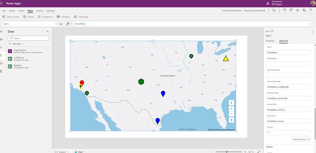 Uma captura de ecrã do controlo Mapa com ícones personalizados e cores diferentes.