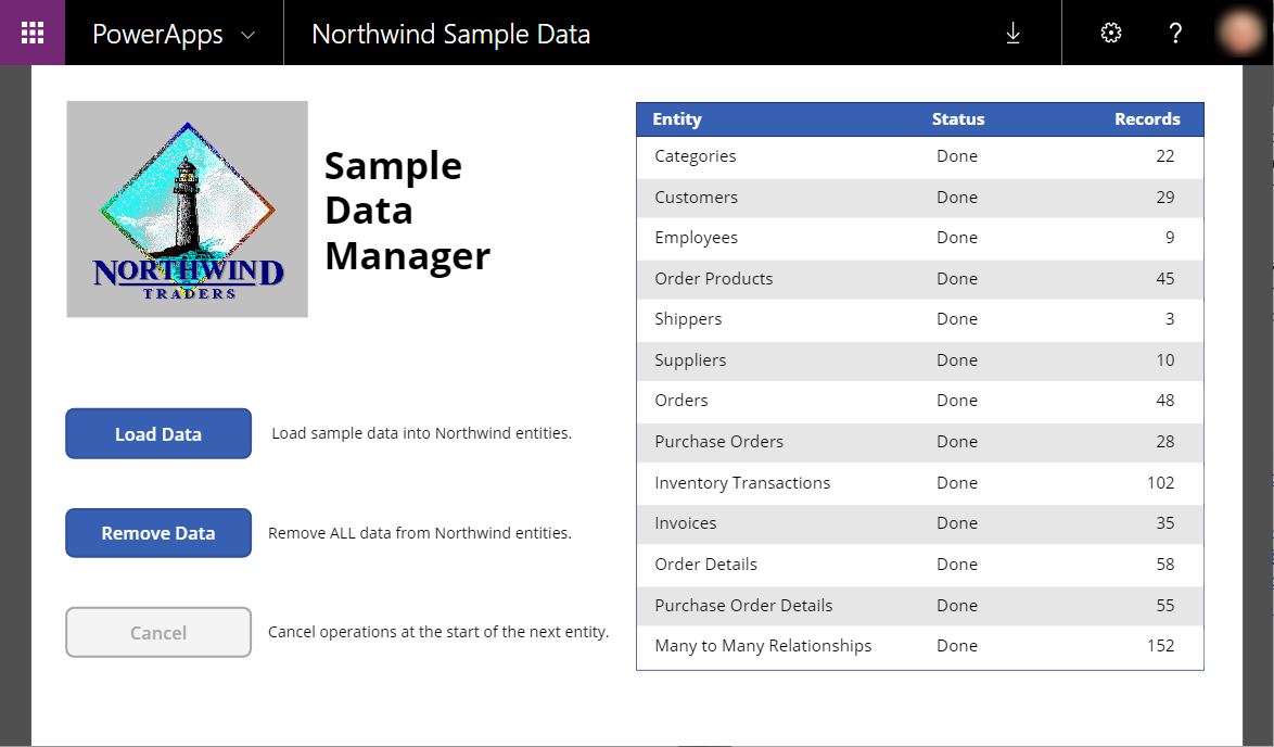 Data Manager de Exemplo depois de os dados serem carregados.