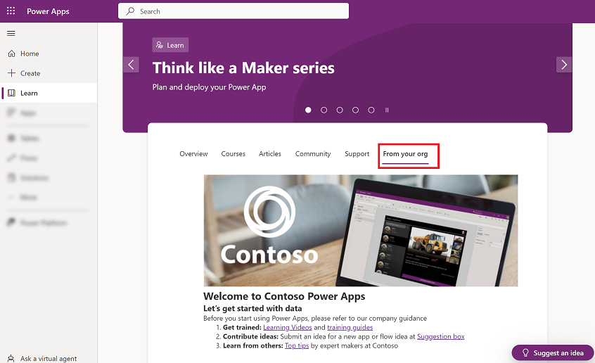 Captura de ecrã do conteúdo de boas-vindas personalizado no hub Learn.