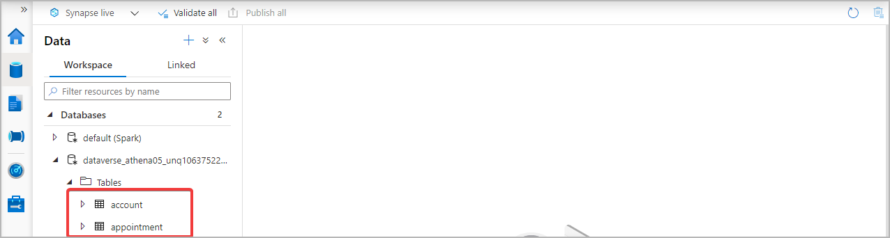 Encontre tabelas em Synapse.