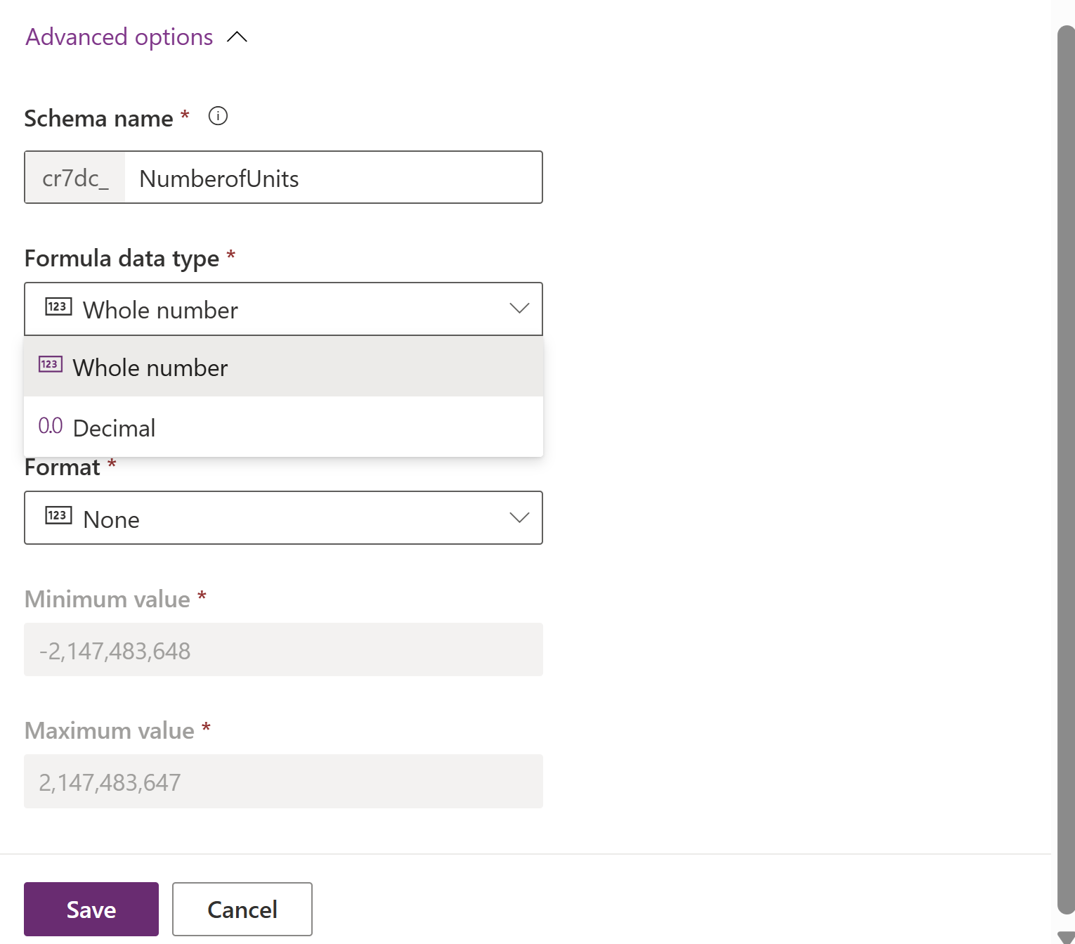 Captura de ecrã de uma definição de coluna de fórmulas de número inteiro utilizando 