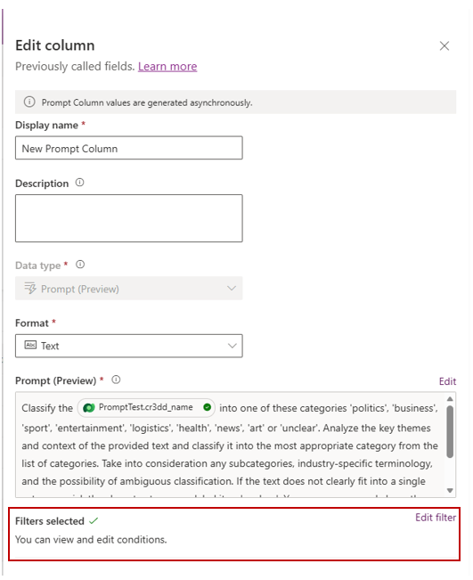 Filtros da mensagem selecionada são exibidos