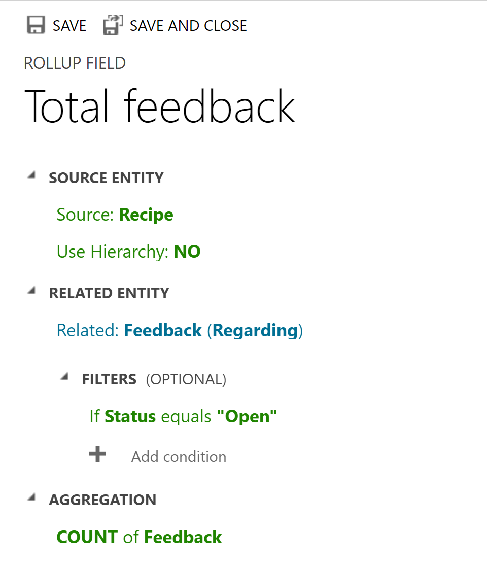 Coluna de rollup que apresenta a contagem total de feedbacks