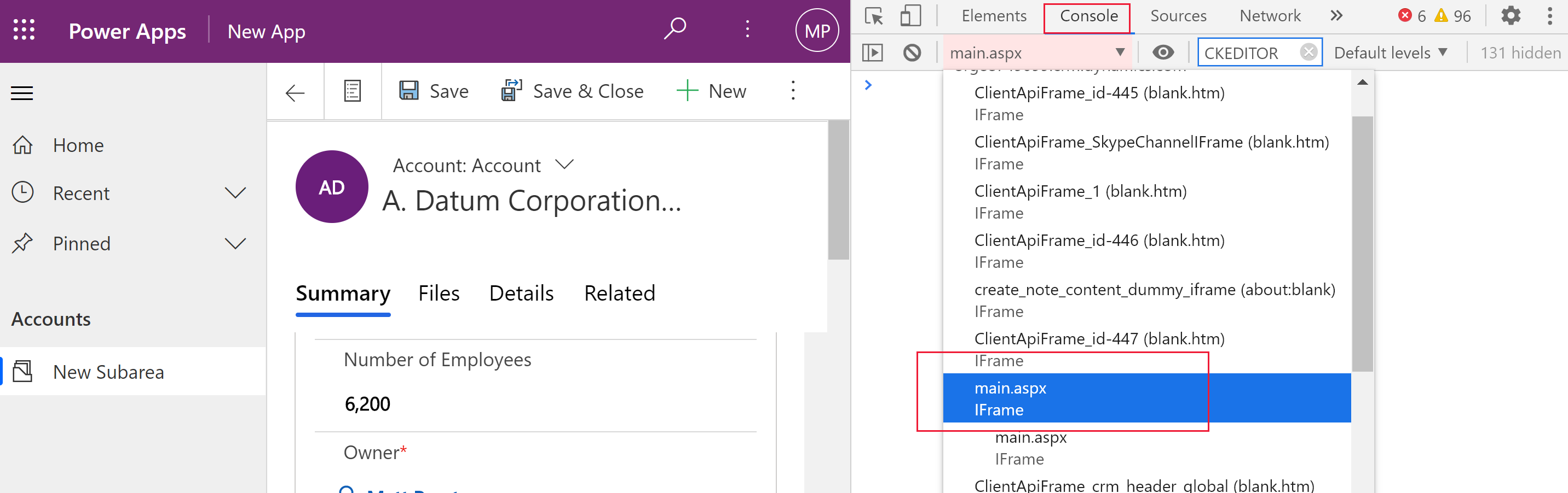 Captura de ecrã das ferramentas de programação do browser, com o separador Consola e a página main.aspx realçadas.