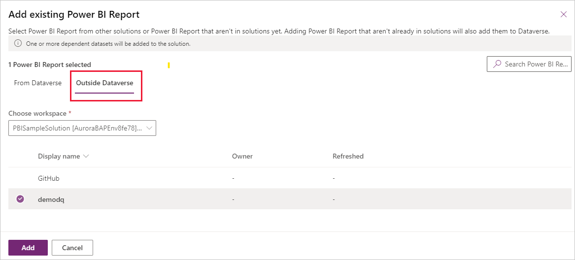 Captura de ecrã a mostrar o separador Fora do Dataverse para seleção de um item Power B I que está fora do Dataverse.
