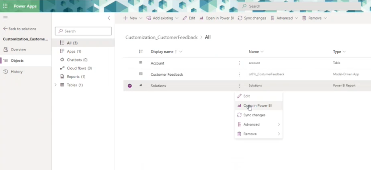 Captura de ecrã que mostra como abrir itens do Power BI no Power B I para começar a personalização.