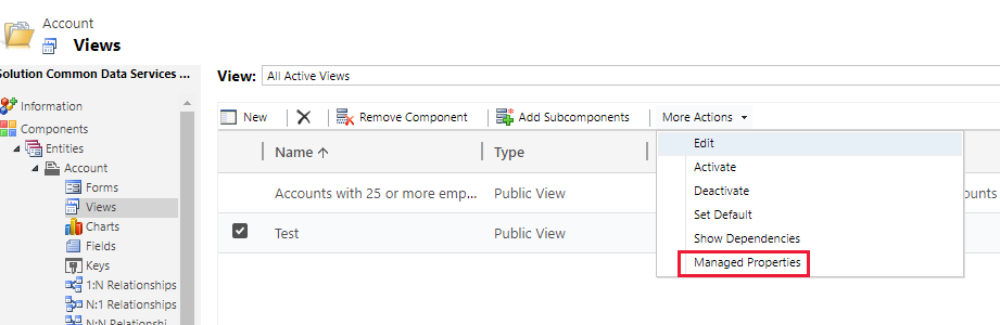 menu de propriedades gerenciadas.