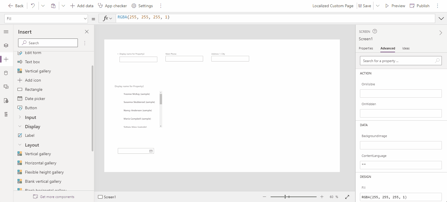 Página do Power Apps Studio personalizada da direita para a esquerda.