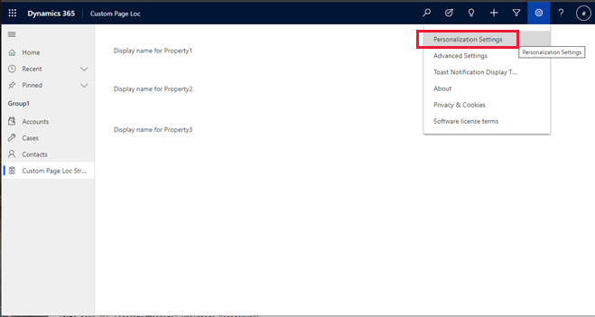 Opções de definição de runtime da página do Power Apps Studio personalizada.