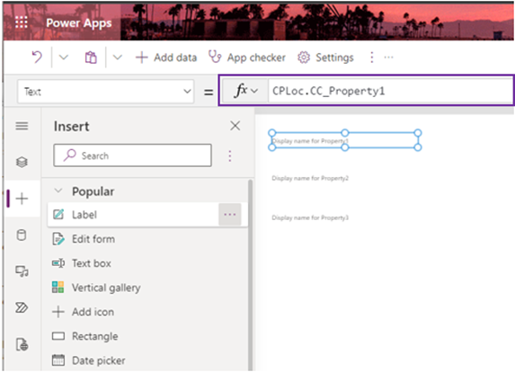 Função de texto da página do Power Apps Studio personalizada para um controlo.