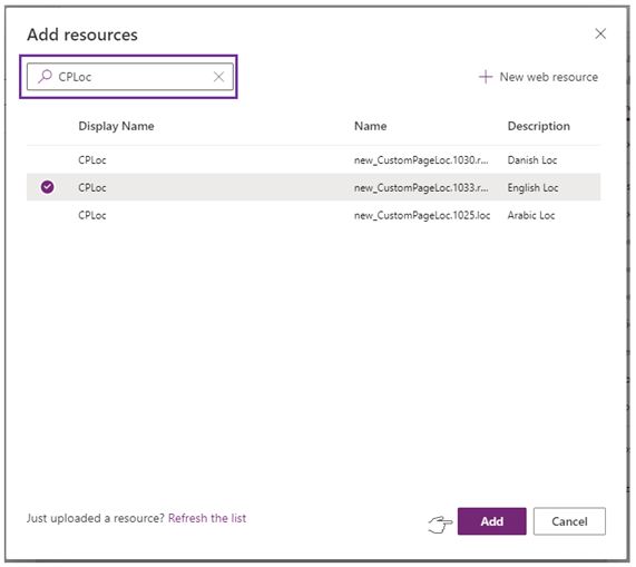Diálogo de adicionar recurso Web da página do Power Apps Studio personalizada.