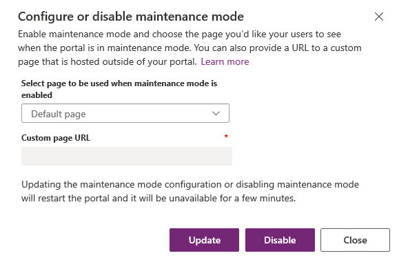 Atualizar definições de modo de manutenção.