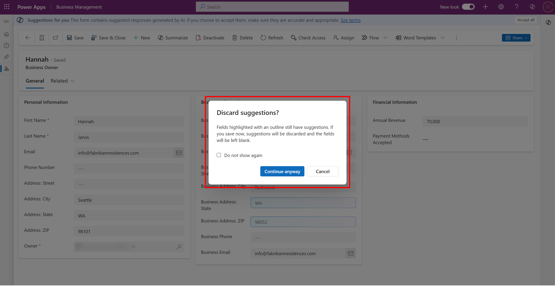 Captura de ecrã que mostra o pedido sobre a eliminação de sugestões.