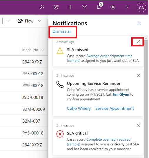 Selecione o botão Fechar para descartar uma notificação ou selecione Dispensar tudo.