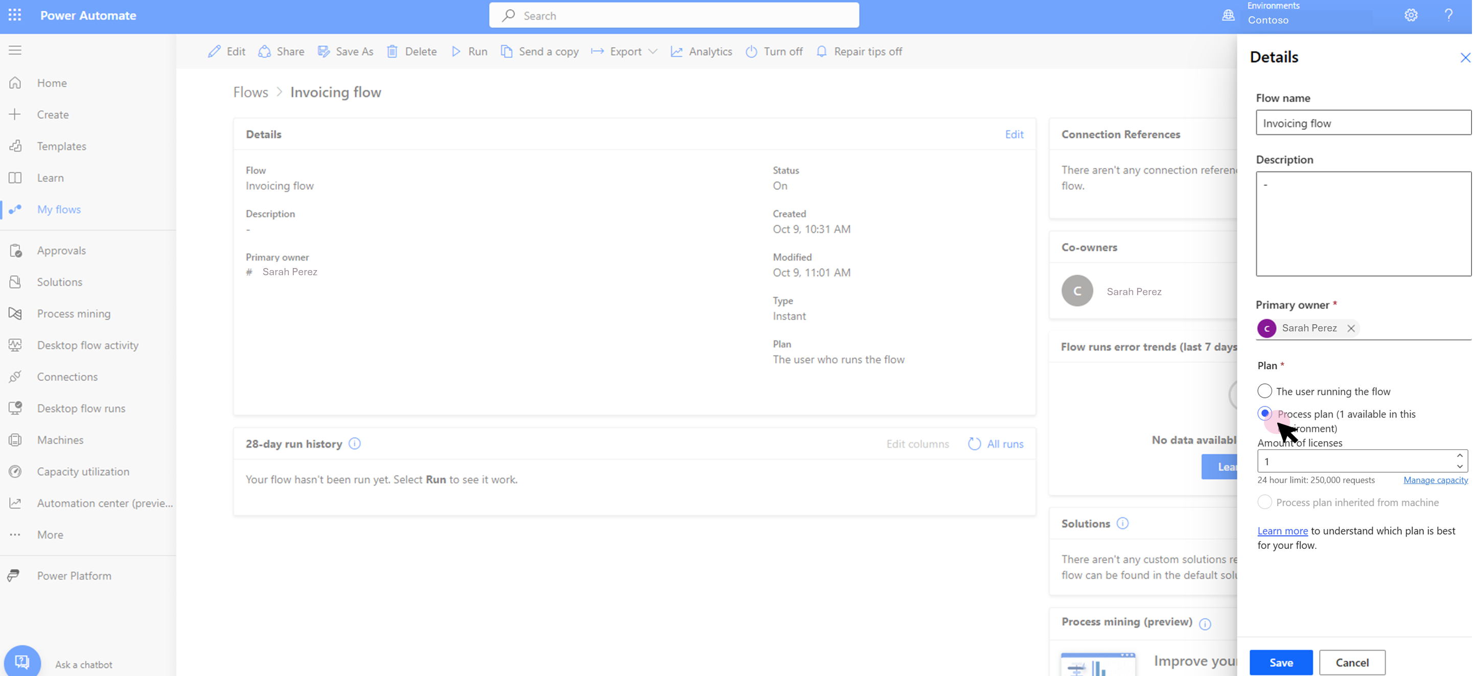Captura de ecrã da página de detalhes do fluxo de cloud a mostrar a opção para alterar o plano.