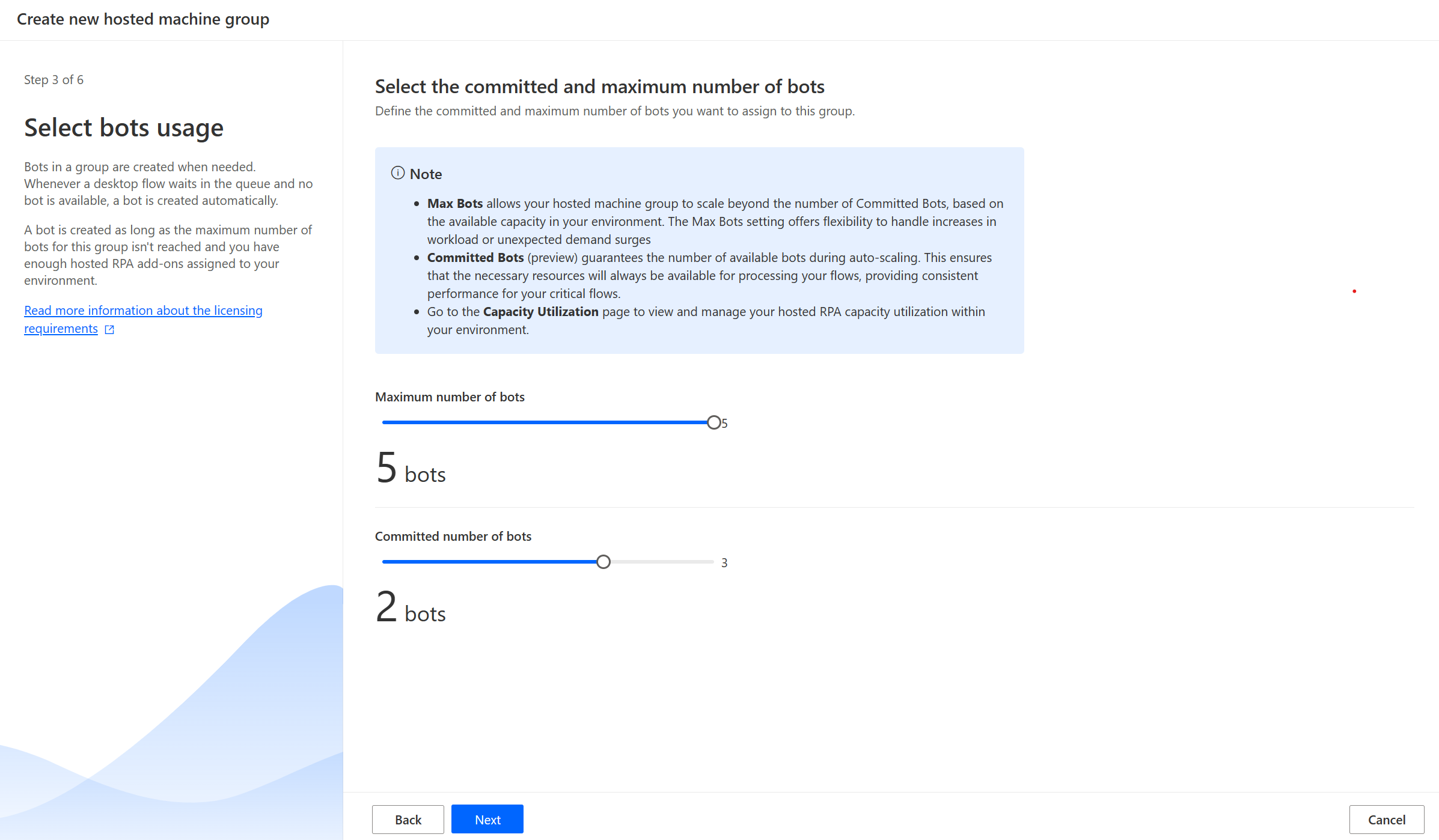 Captura de ecrã da configuração de dimensionamento do grupo de computadores alojados no assistente de criação.