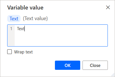 Captura de ecrã da variável de texto a ser modificada no visualizador de variáveis.