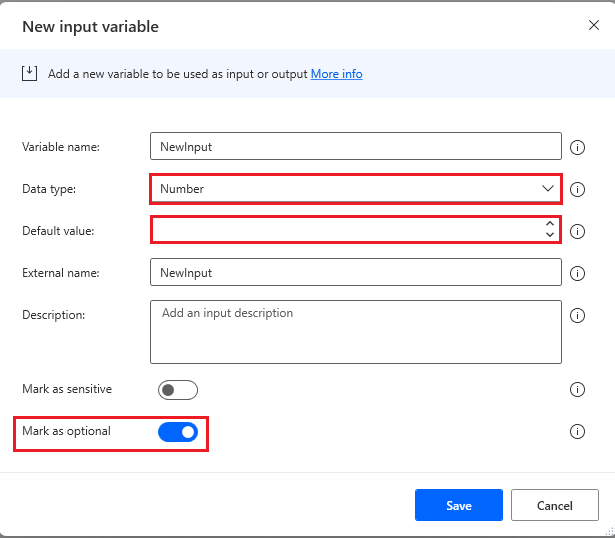 Captura de ecrã da configuração de entrada de variável numérica para utilizar em branco como valor predefinido.