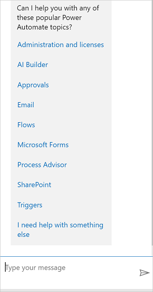 Captura de ecrã que mostra os tópicos mais pedidos e um campo onde escrever uma mensagem.